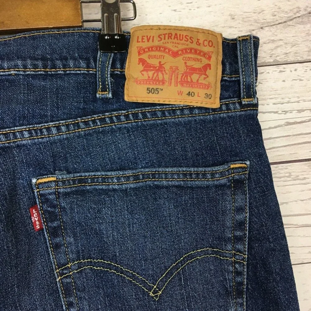 Levis 505 Mens Regular Fit Blue Jeans 40x30 Cotton Stretch‎ Blend Denim